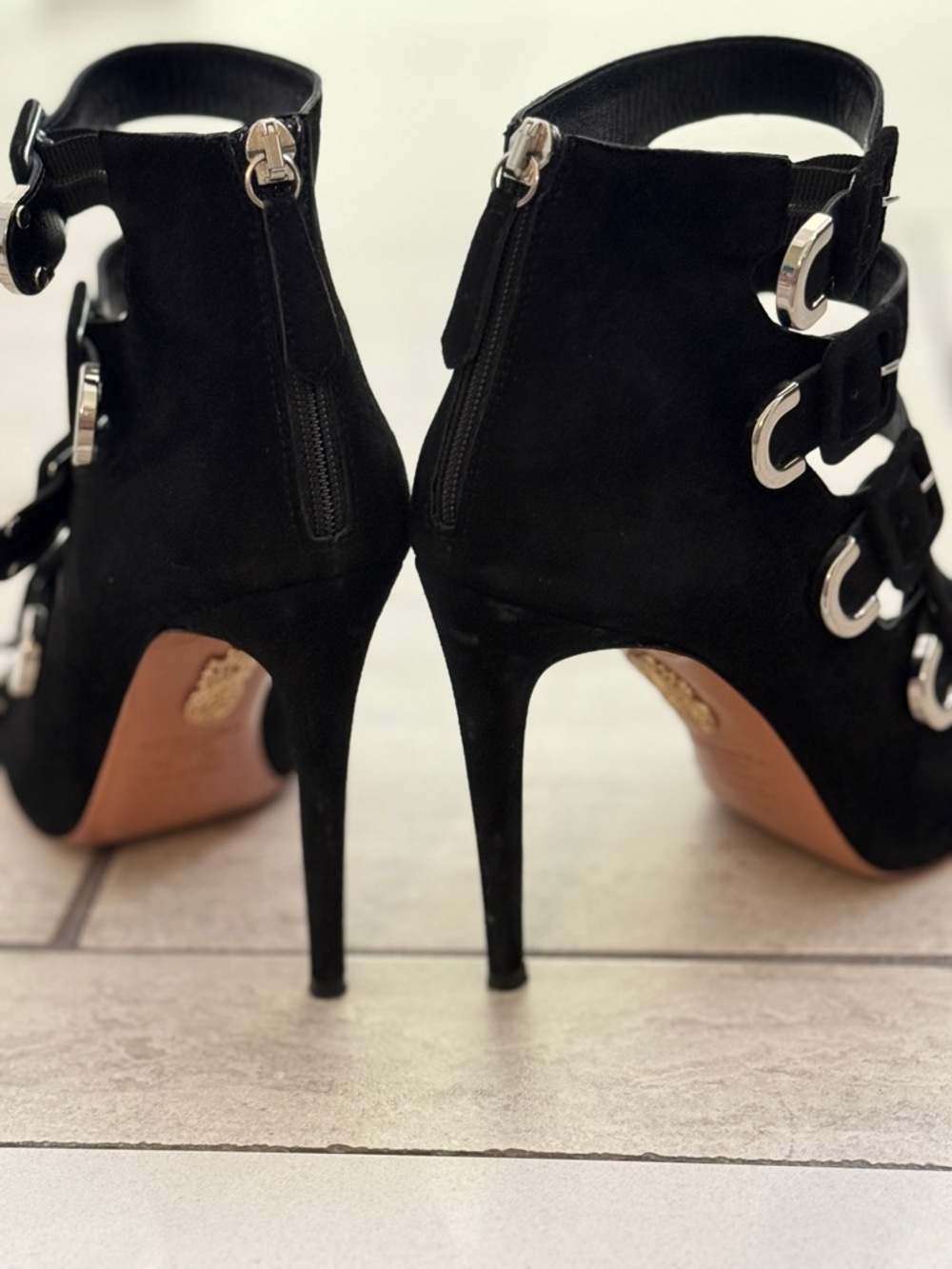Aquazzura Multi-Buckle Suede Cage Heel | Black Sculptural Stiletto | size 39.5 - Picture 4 of 12